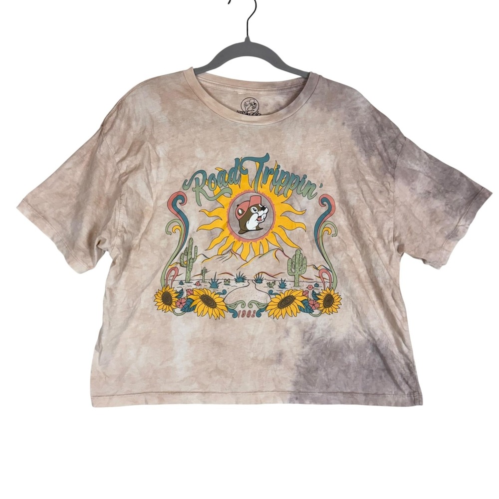 Buc-ee's Shirt Womens 2XL Beige Road Trippin Sunflower Graphic Cropped Tie Dye